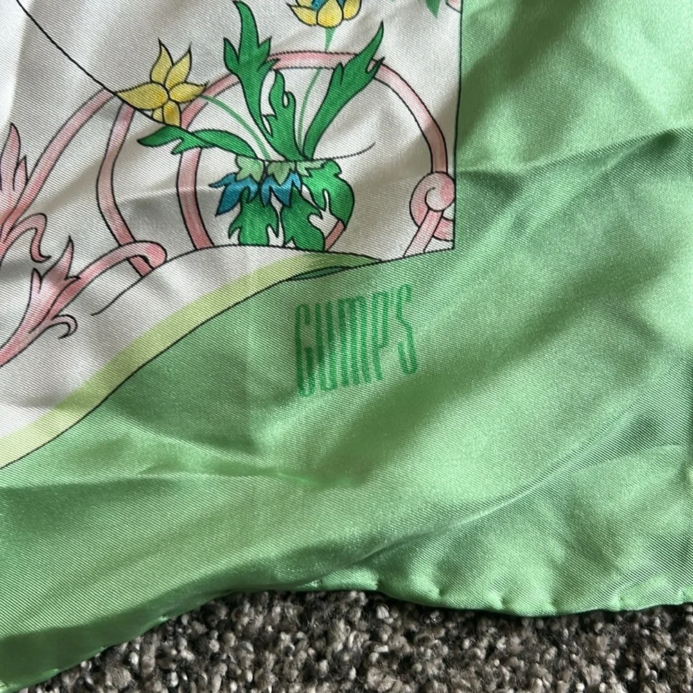 GUMPS 100% Silk Scarf Green White Floral Checkerboard Luxury Scarf